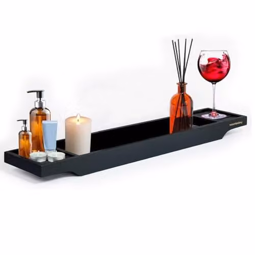 MantraRaj Bamboo Bath Caddy Tray Bridge and Storage Shelf Organizer in Black