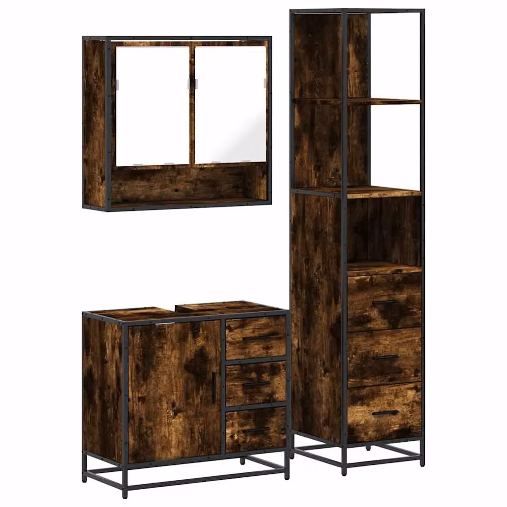 Berkfield Home 3 Piece Industrial Bathroom Furniture Set in Brown Smoked Oak with Mirror Cabinet and Vanity Unit – 2