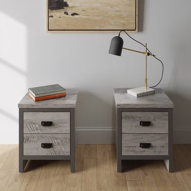 GFW Boston Pair of 2 Drawer Bedside Tables in Grey