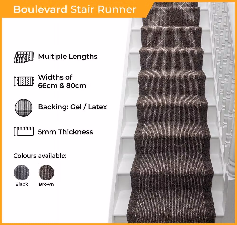 runrug Boulevard Stair Runner Carpet, Non-Slip, Brown, W: 80 cm, L: 480 cm – 2