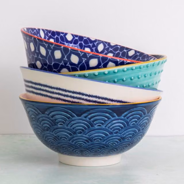 KitchenCraft 4-Piece Ceramic Floral Cereal and Dessert Bowl Set in Blue – 1