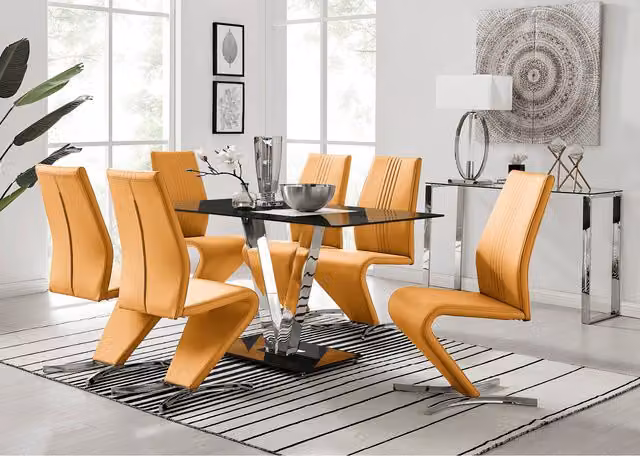 FurnitureboxUK Florini Black Glass and Chrome Metal Dining Table and 6 Modern Willow Chairs Set in Mustard and Yellow