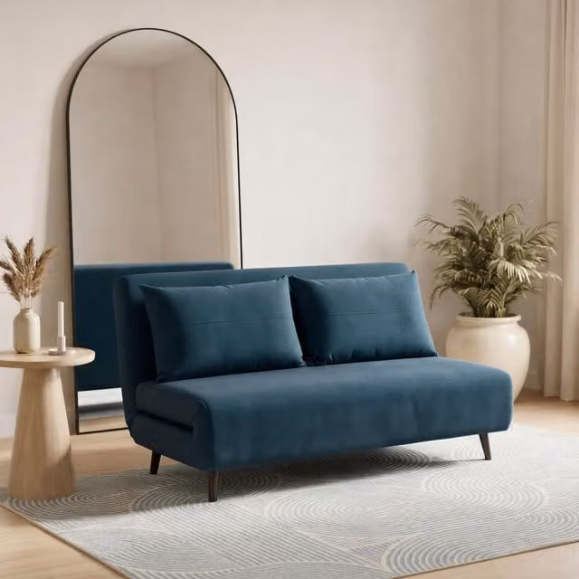 FurnitureboxUK Bobby Blue Velvet Double Click-Clack Folding Sofa Bed with Solid Wood Frame