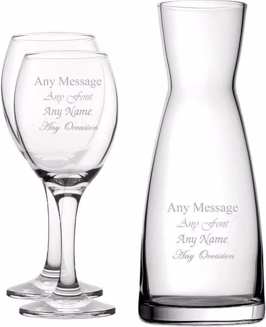 Uniqueful Personalised Engraved Set of 2 Pure Wine Glasses and Contemporary Carafe in Clear Lead-Free Crystal Glass