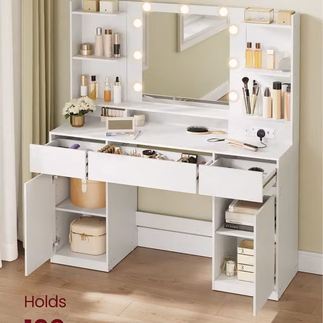 VASAGLE KAILYN Collection White Dressing Table with Hollywood LED Mirror