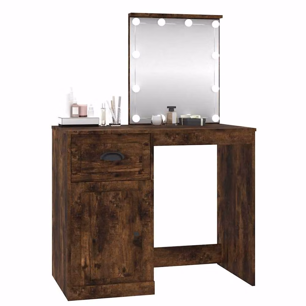Berkfield Home Dressing Table with LED in Smoked Oak Brown, W/D/H: 90 x 50 x 132.5 cm – 3