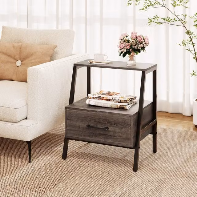 Costway Farmhouse Bedside Table in Grey