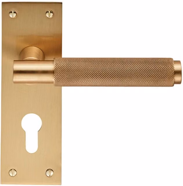 Loops Pair Knurled Round Handle on Slim Euro Lock Backplate, Satin Brass, W: 150 mm, H: 50 mm