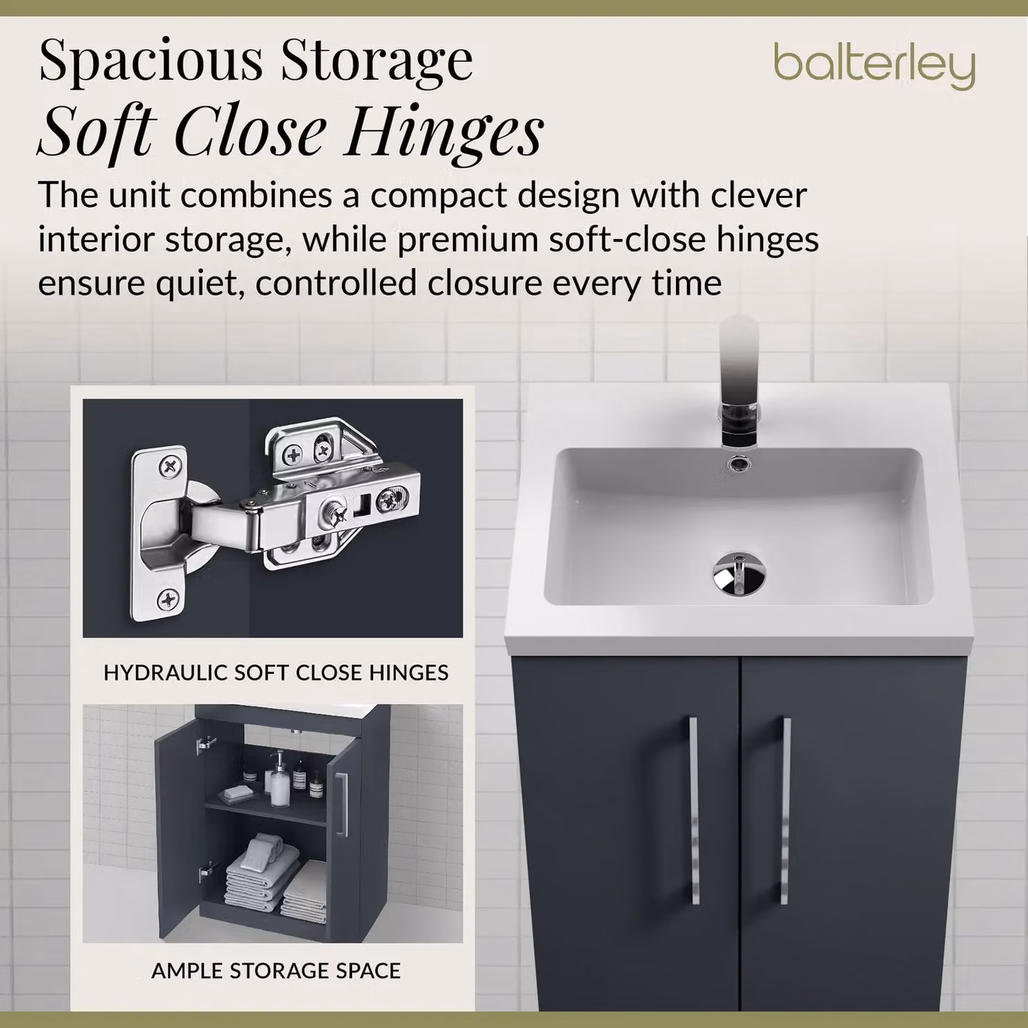 Balterley Modern Freestanding Bathroom Vanity Unit, Grey, W: 50 cm, H: 84 cm – 3