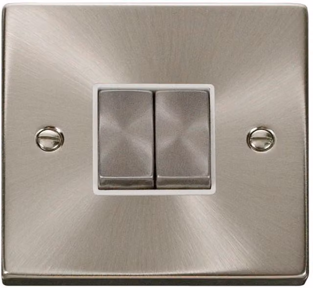 SE HOME Ingot 2 Gang 2 Way Light Switch, Satin Brushed Chrome and White