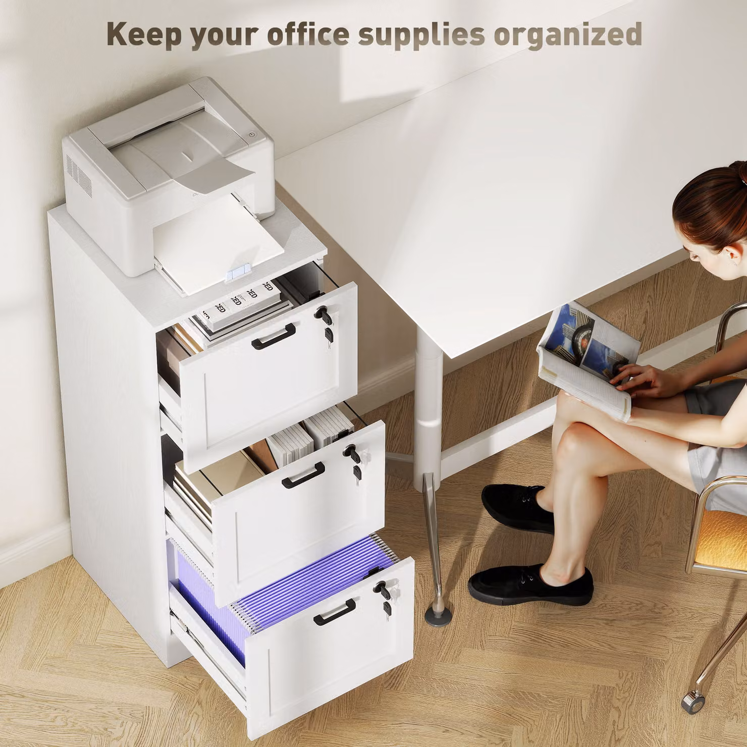 HOMCOM Modern 3-Drawer Filing Cabinet with Lock in White Matt – 2