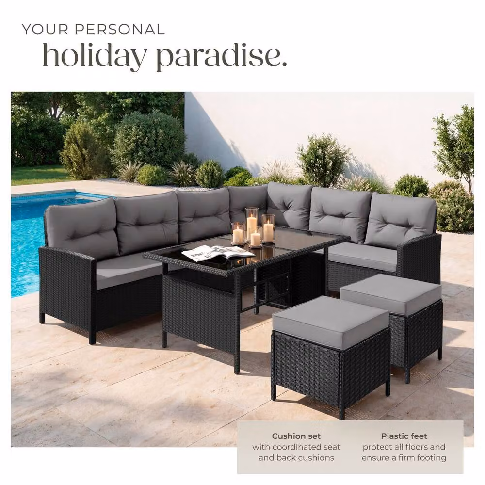 tectake 8 Seater Garden Furniture Set with Cushions, Footstools and Table in Light Grey – 4