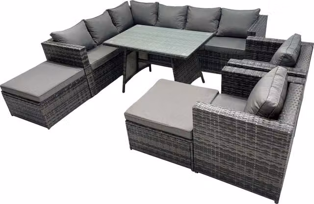 Fimous 10-Seater Outdoor PE Rattan Garden Sofa and Dining Set in Dark Grey Mixed