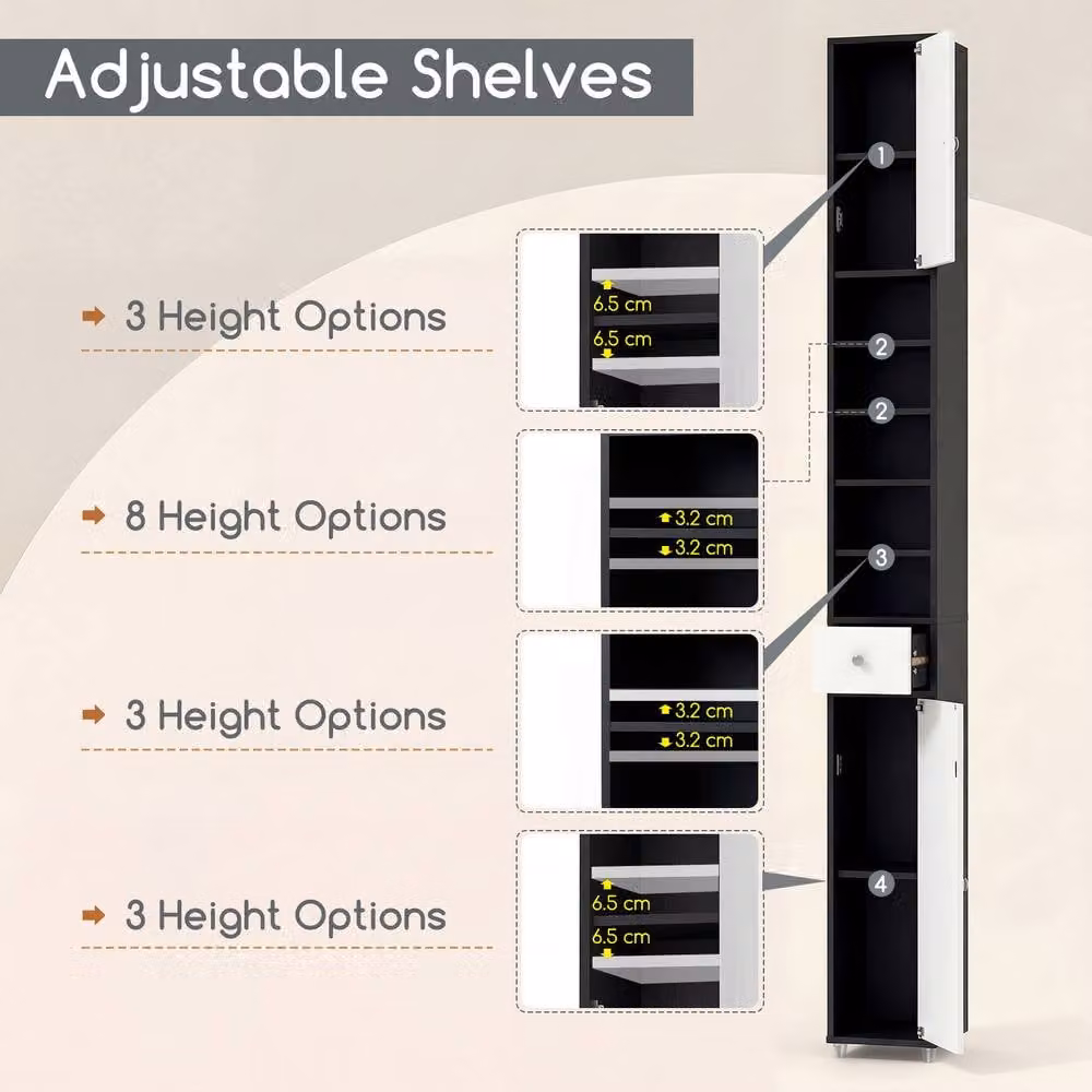 Costway Slim Freestanding Bathroom Storage Cabinet with Drawer and Hinged Doors, Multicolour, Height: 180 cm – 6