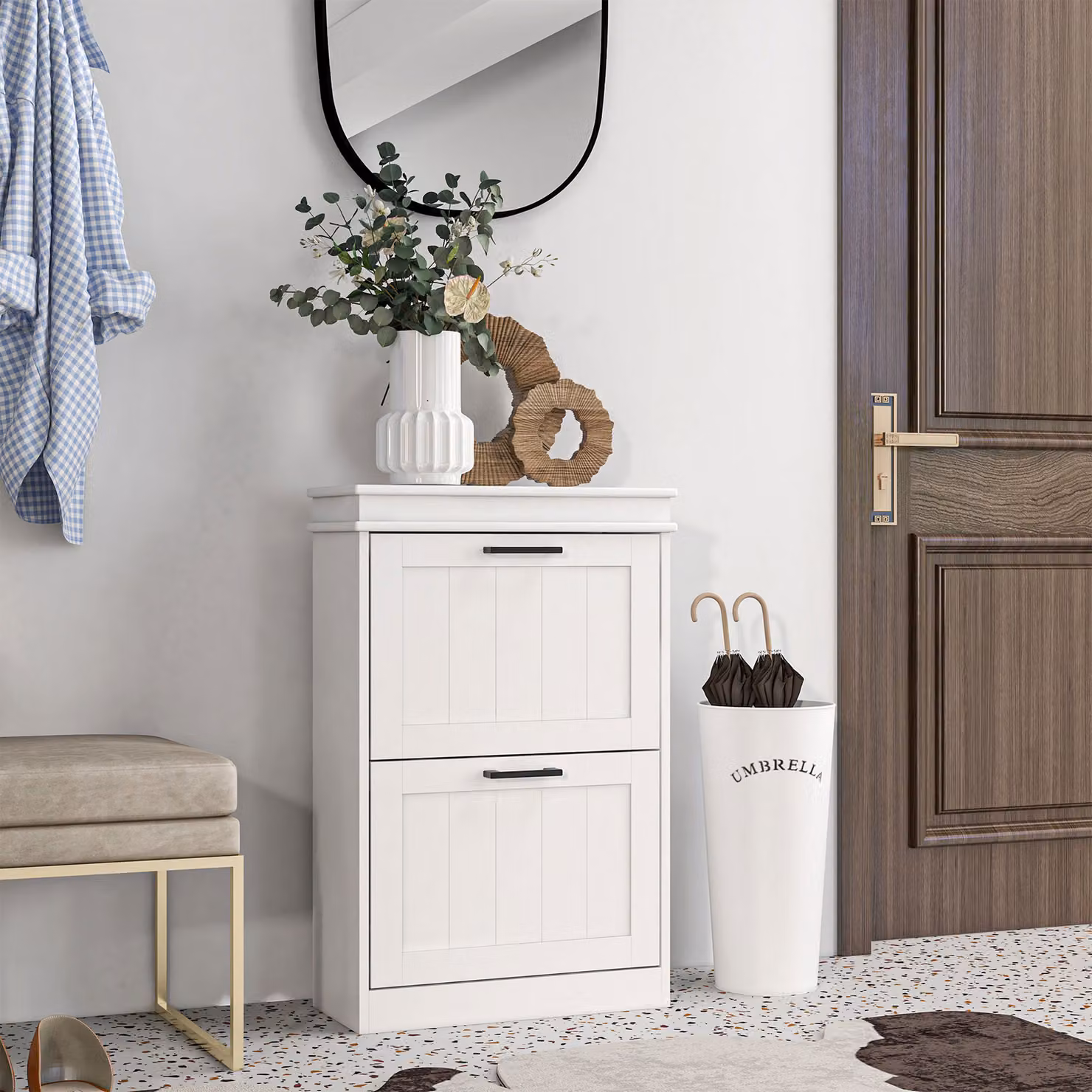 HOMCOM Minimalist White Shoe Storage Cabinet with Two Drawers and Tilting Compartments for 10 Pairs of Shoes – 2