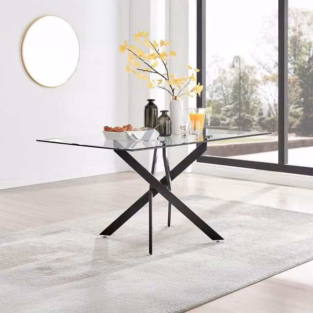 FurnitureboxUK Leonardo 6-Seater Rectangular Glass and Metal Starburst Dining Table in Black and Transparent