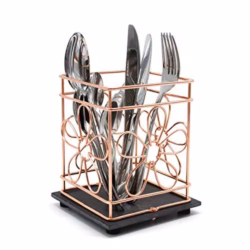 VanGogh Copper Wire Utensil Storage Holder Basket with Slate Base in Copper, Grey and Bronze