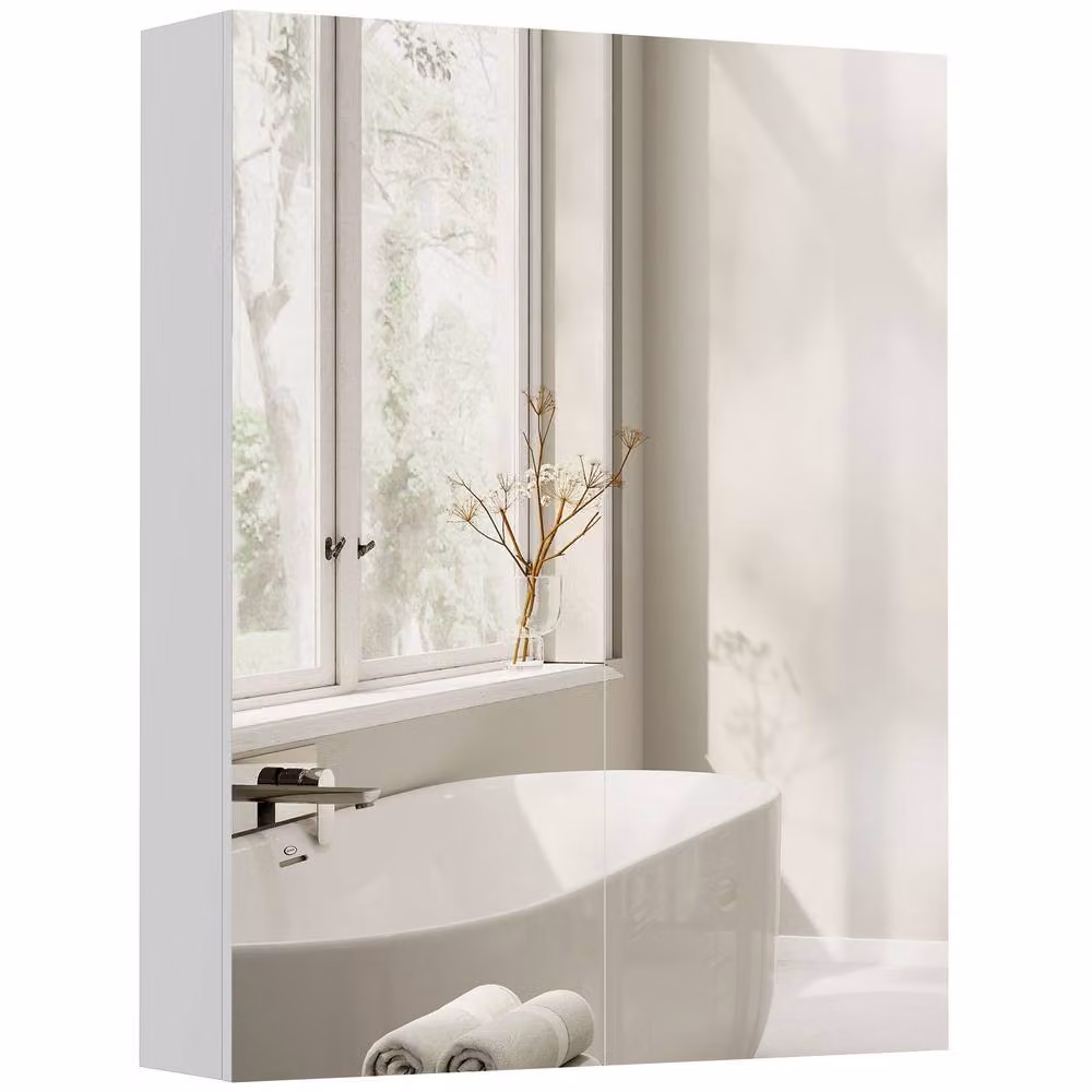 HOMCOM Wall Mounted Bathroom Mirror Storage Cabinet with Hinged Doors and Adjustable Internal Shelves, White, W: 60 cm, H: 75 cm – 2