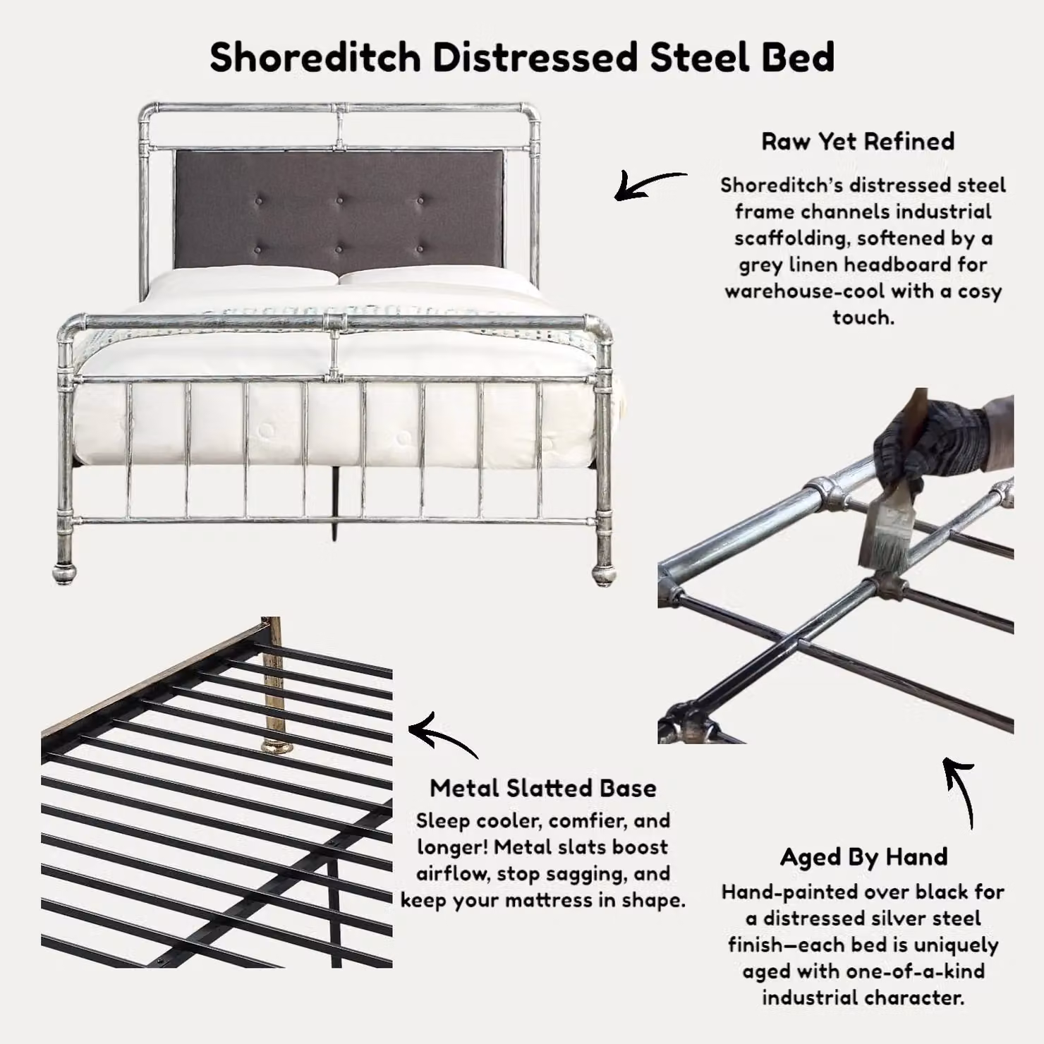 OAT Home Shoreditch Industrial Scaffold Metal Bed Frame with Grey Upholstered Headboard in Distressed Silver, W/D/H: 150 x 200 x 120 cm – 5