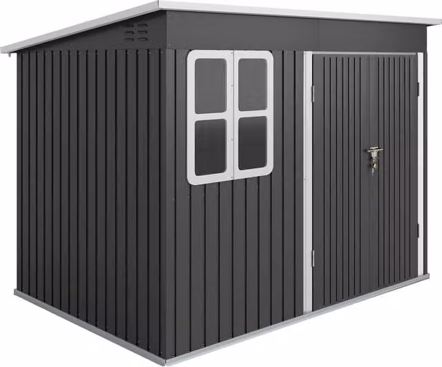Outsunny Garden Storage Shed with Galvanised Steel Frame, Window and Lockable Double Doors, Dark Grey, W: 260 cm, D: 177 cm, H: 190 cm