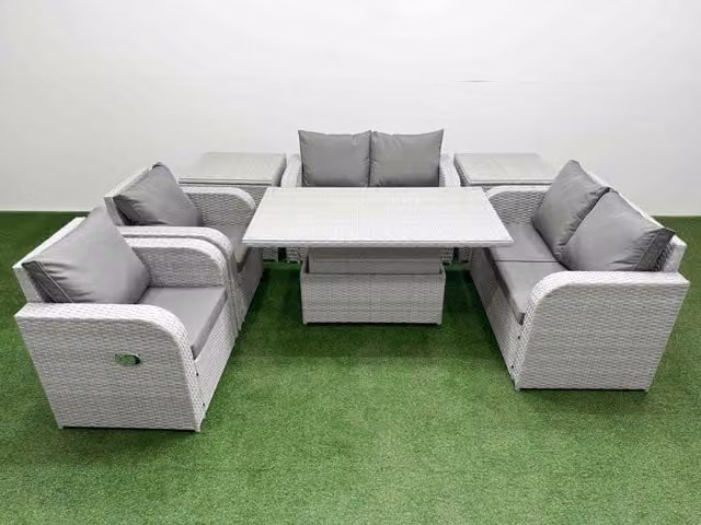 Fimous 6 Seater Rattan Garden Furniture Set in Grey with Reclining Chairs, 2 Seater Sofa, Adjustable Coffee Table and 2 Side Tables