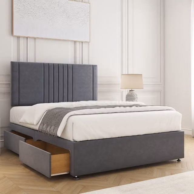 BSSPOKE Monaco Velvet Plush Divan Bed with 24 inch Headboard, 4 Drawers and Mattress, Grey, W/D/H: 200 x 200 cm, Super King
