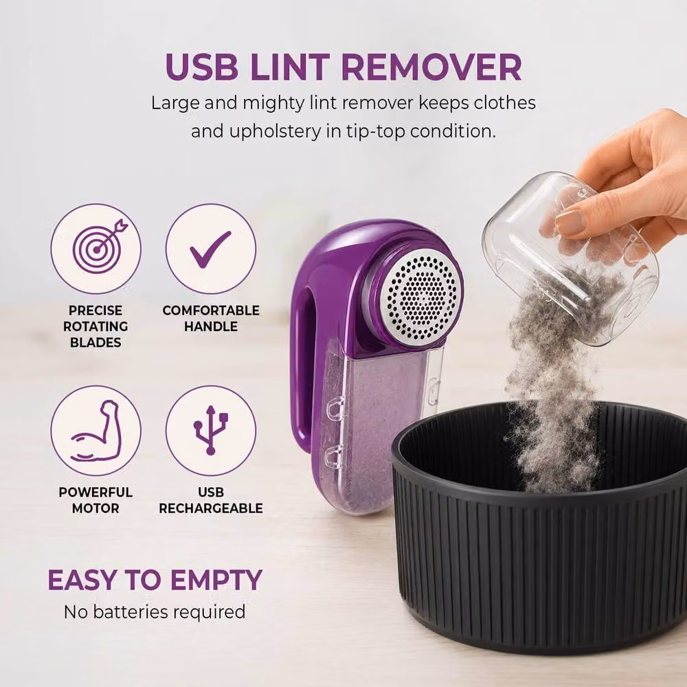 Clarsen Rechargeable USB Lint Remover in Purple with Replaceable Blades and Lint Container – 2