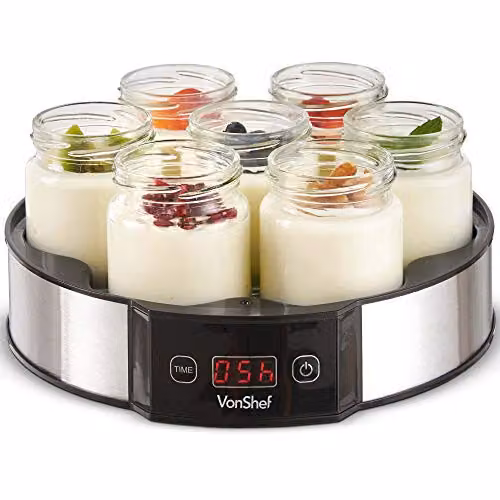VonShef Digital Yoghurt Maker in Silver with 7 Glass Jars, LED Display and Timer