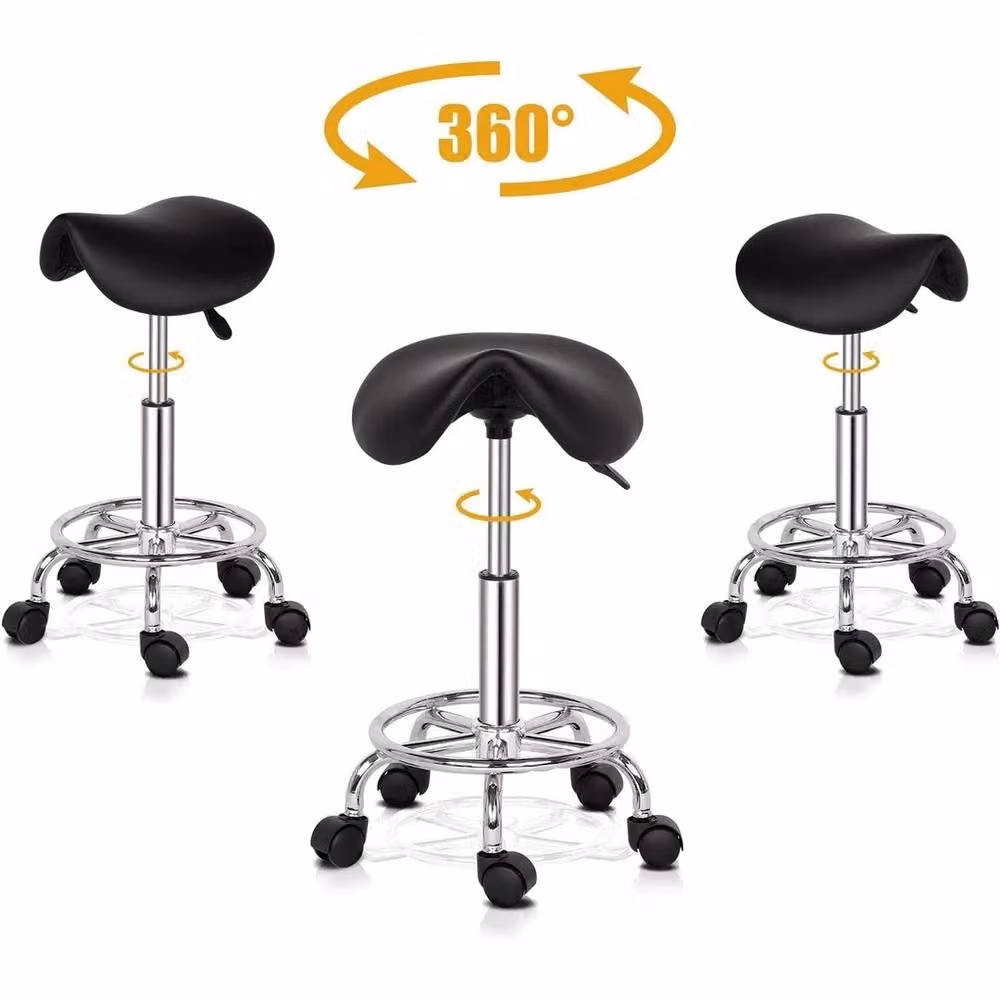 EONLION Black Synthetic Leather Saddle Salon Stool with Castors for Beauty, Massage and Hairdressing – 2