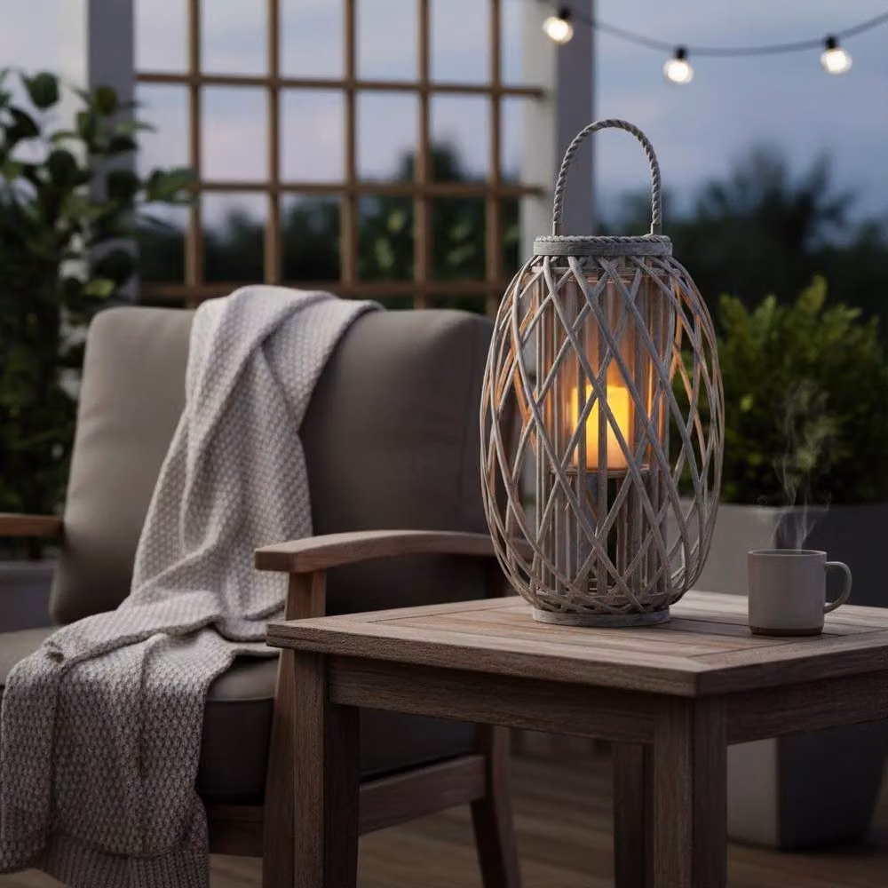 Red Hamper Small Grey Wash Willow Candle Lantern in Brown, W/D/H: 49.0 x 33.0 x 33.0 cm – 2