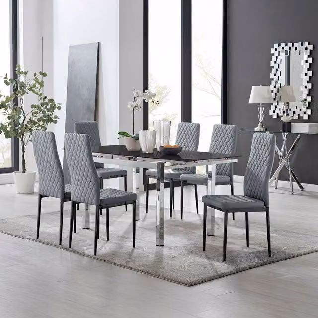 Furniturebox Enna Black Glass Extending Dining Table and 6 Milan Black Leg Chairs in Grey