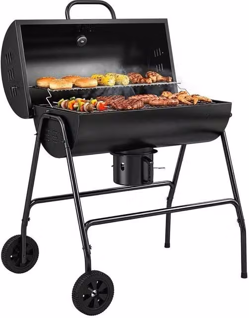 FLAVORA Barrel Charcoal Barbecue BBQ Grill Trolley with Warming Rack and Thermometer, Black, H x W x D: 102 x 71.5 x 95 cm