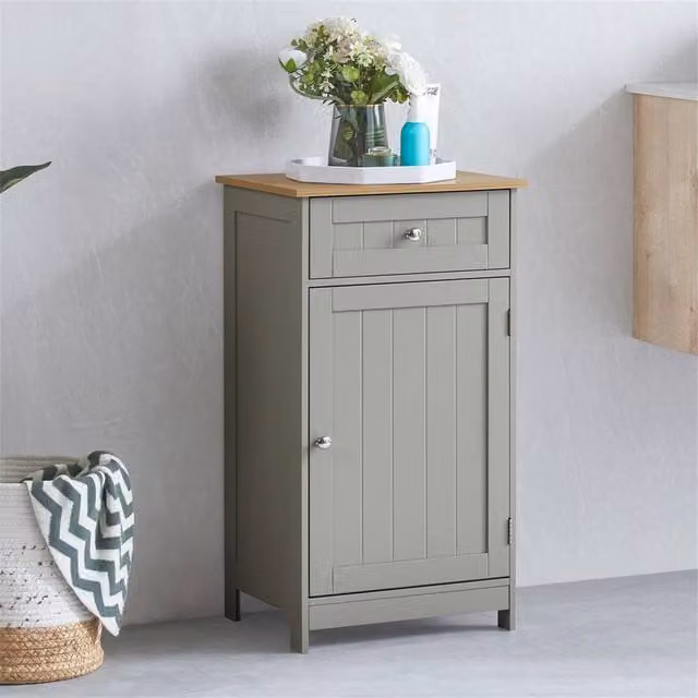 FORGEVIO Modern Grey Freestanding Bathroom Cabinet with 1 Door, 1 Drawer and Internal Shelves