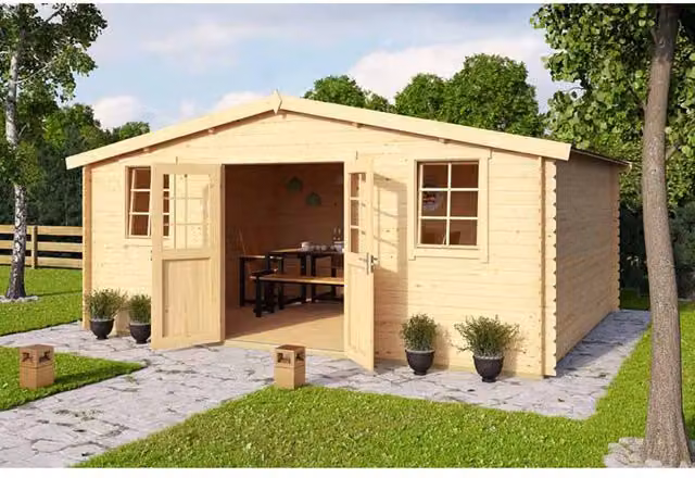Lasita Maja Ltd Wels 5 Log Cabin Garden Room and Home Office in Light Oak, W: 420 cm, D: 548.8 cm, H: 245.1 cm – 1
