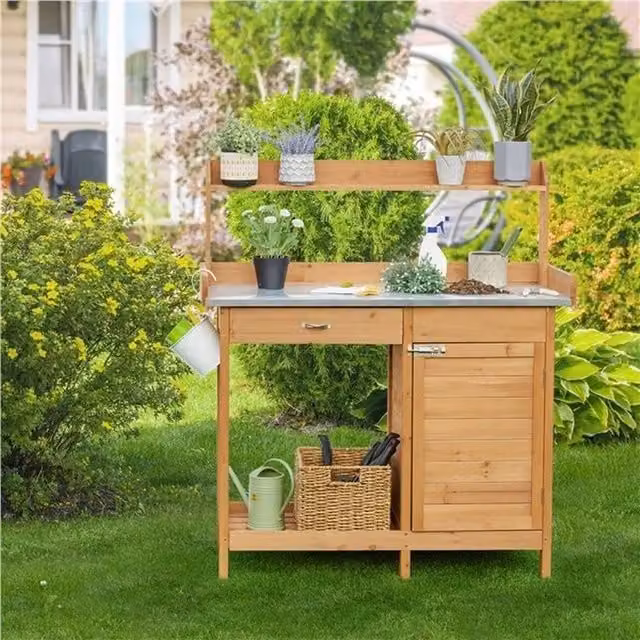 EONLION Rustic Wood and Metal Garden Potting Bench in Natural Brown, Width: 100 cm – 1
