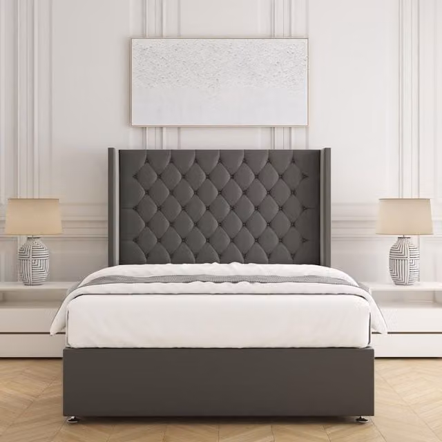 BSSPOKE Winchester Grey Plush Velvet Divan Bed Set with Chesterfield Headboard and Mattress, W/D/H: 90 x 190 x 91.44 cm
