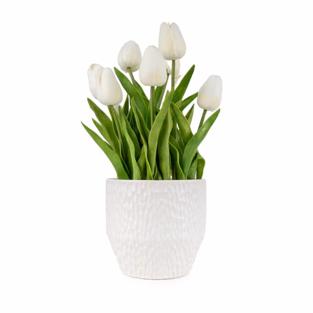 Madison & Mayfair White and Green Artificial Tulips in a Round Ceramic Textured Pot, H 31.5 x W 13 x D 13 cm – 2