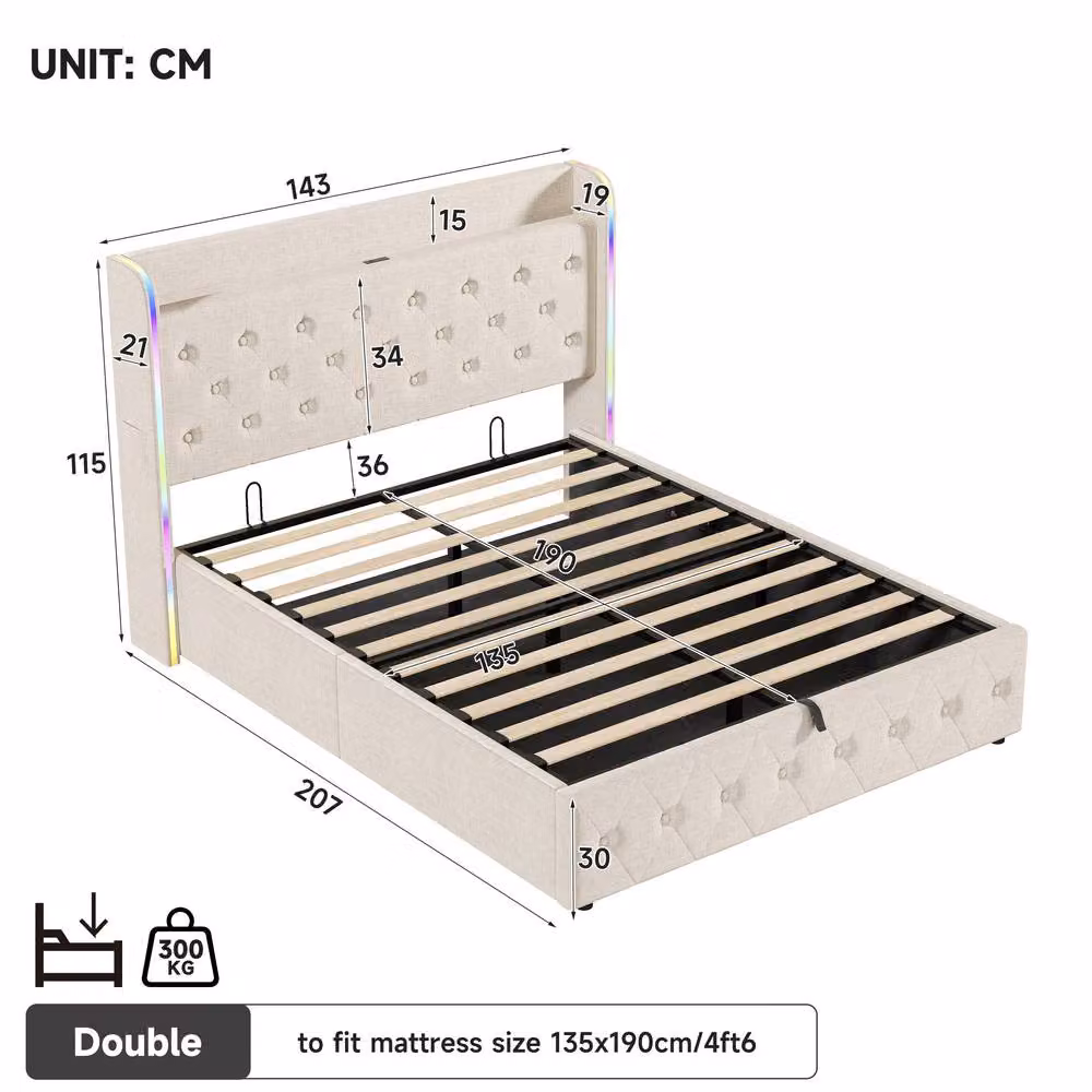 Merax Double Upholstered Storage Bed Frame with LED Lighting and USB Charging Station, Beige, W: 140 cm, D: 200 cm, H: 143 cm – 4