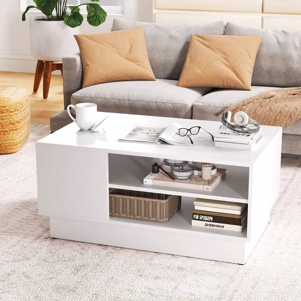 Kelvenix White Rectangular Coffee Table with 2 Open Storage Shelves – 2