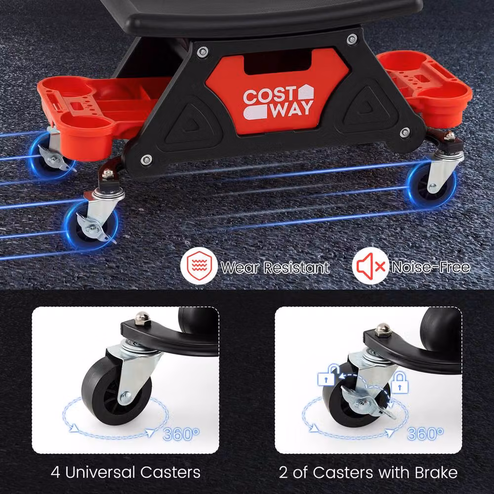 Costway Heavy-Duty Rolling Mechanic Garage Stool with Drawer and 2 Trays in Red – 6
