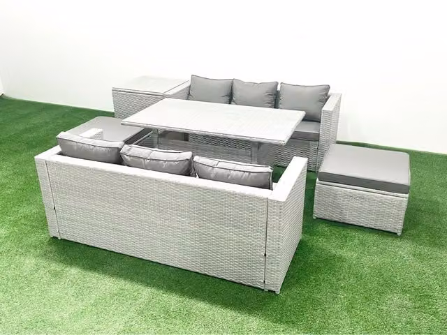Fimous 8-Seater PE Rattan Outdoor Sofa and Dining Set with Galvanised Steel Frame in Light Grey Mixed