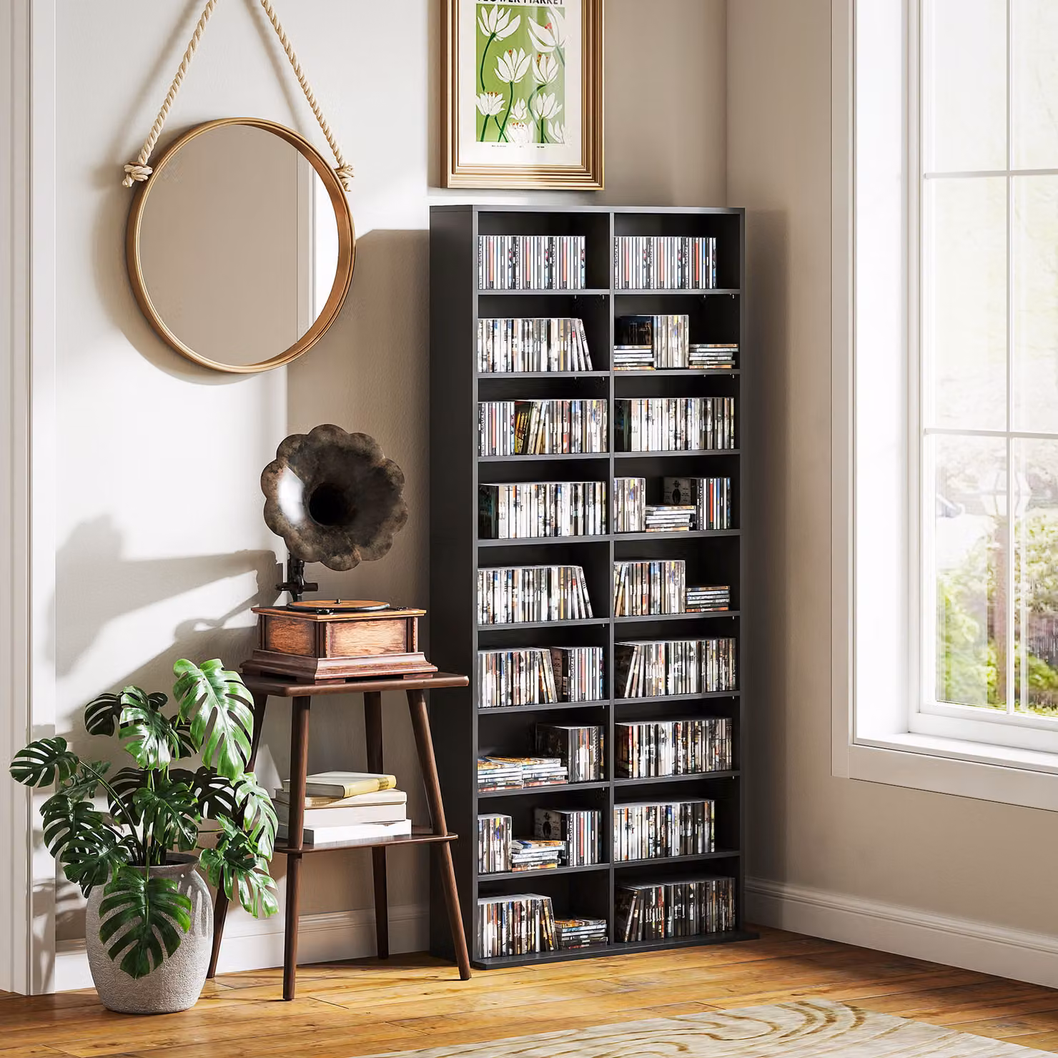 HOMCOM 640 CD Storage Tower in Black with Adjustable Shelves and Media Compartments – 7