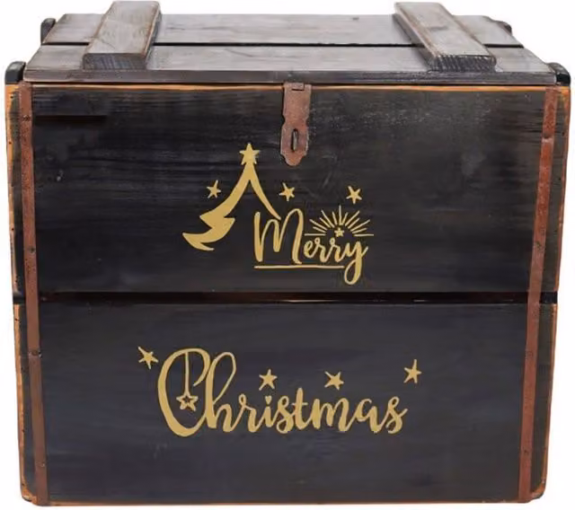 Minster Merry Christmas Wood Box with Lid, Black, W: 42 cm, D: 36 cm, H: 30 cm