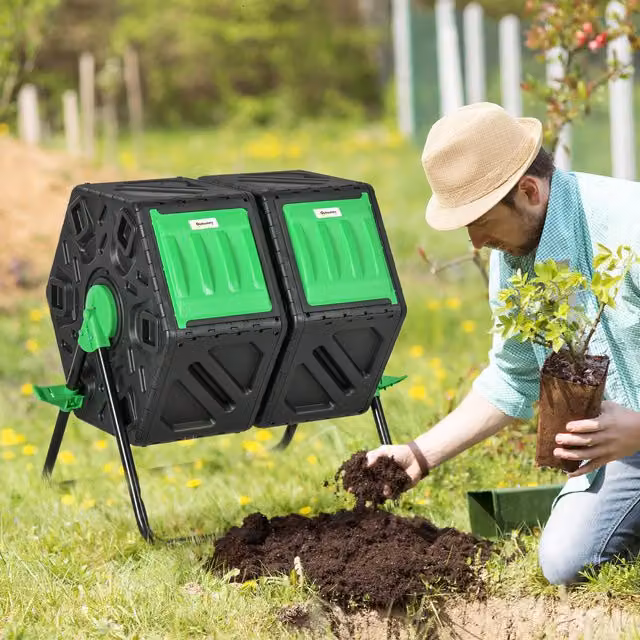 Outsunny Dual Chamber Rotating Garden Compost Bin, 130L, Green – 10