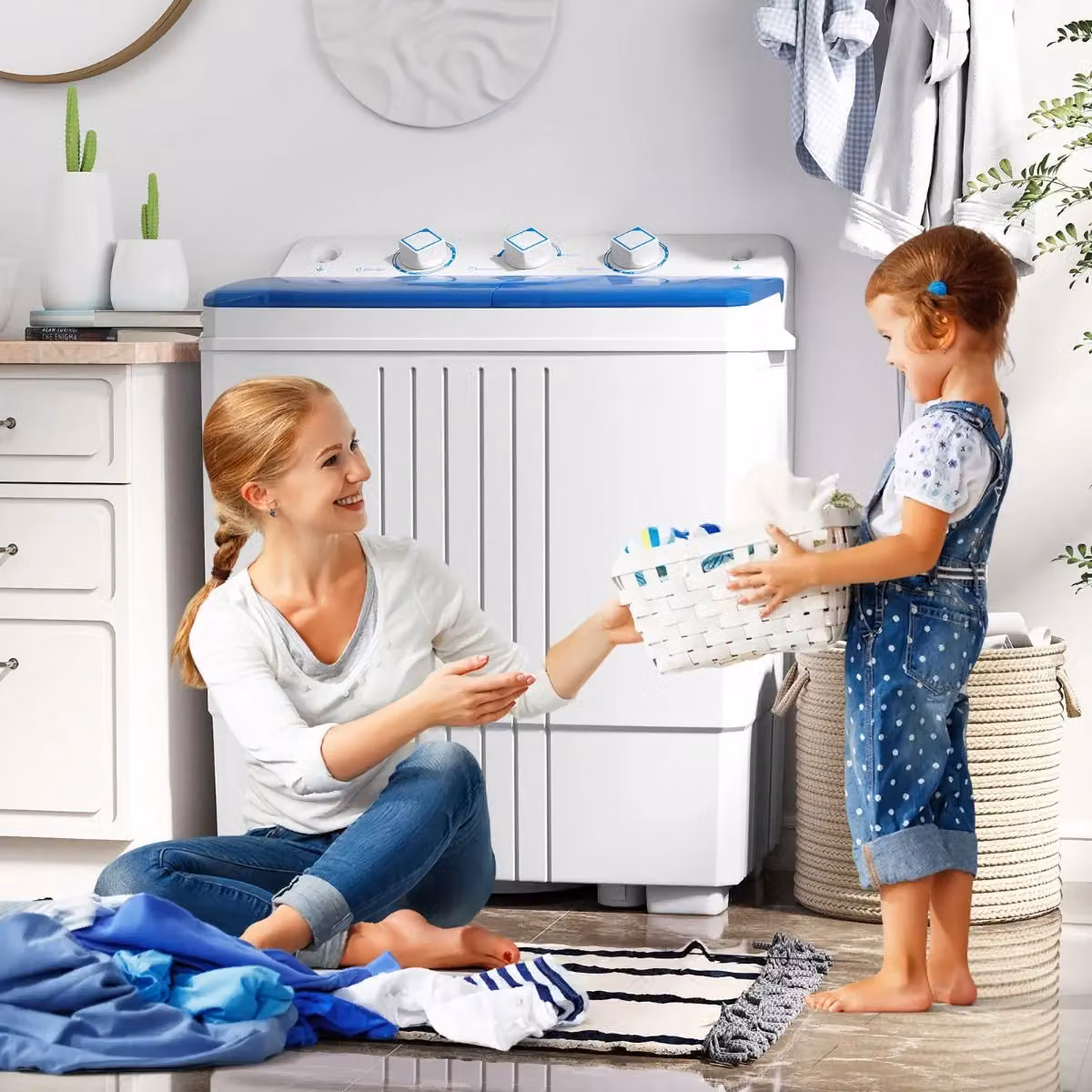 Costway Portable Twin Tub Washing Machine, 8kg Capacity, White and Multicolour Top Loader – 2