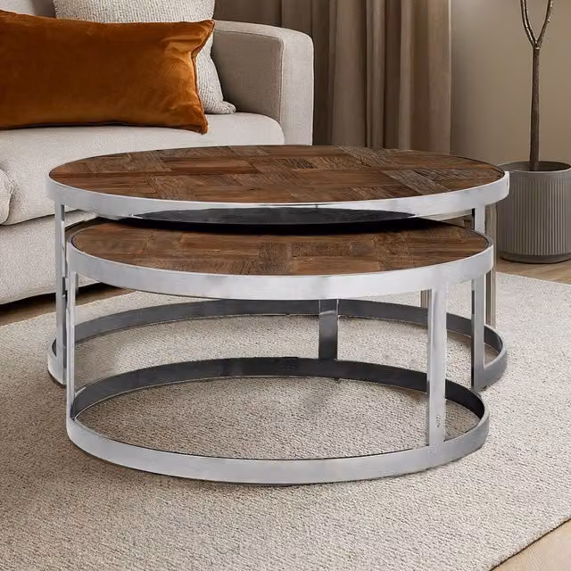 Orsina Silver Finish Nest of 2 Round Wooden Side Tables in Brown – 2