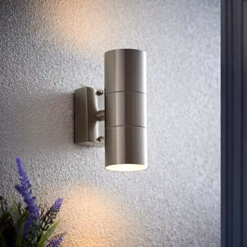 Netlighting Canon 2 Light Outdoor Up Down Wall Light in Polished Stainless Steel and Transparent Glass, IP44, GU10 – 2