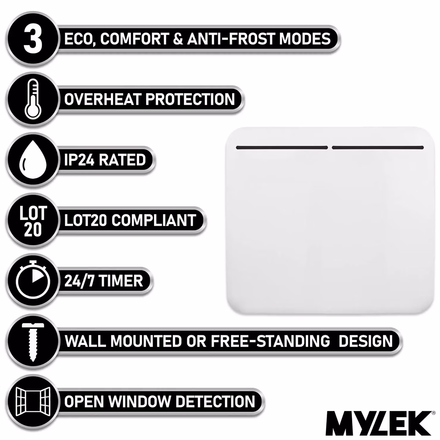 MYLEK 1000W Electric Panel Convector Heater with Timer and Thermostat, White – 2