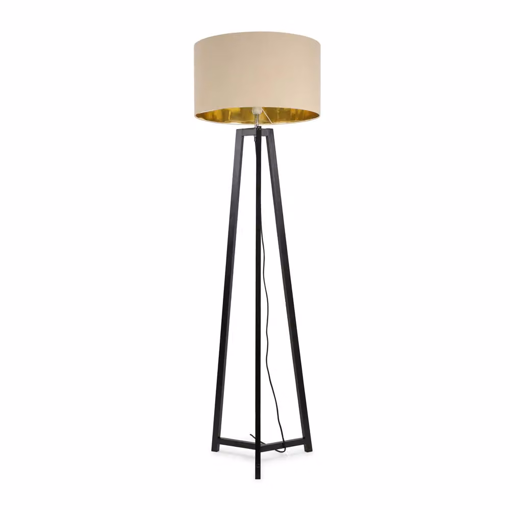 ValueLights Lottie Black Wood Tripod Floor Lamp with Beige and Gold Cylinder Shade – 2