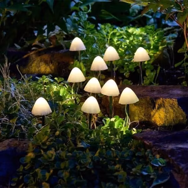 Marco Paul 10pc Solar Mushroom LED Stake Lights in White with Warm White Glow – 1